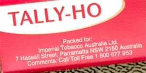 The back cover of a pack of Tally-Ho rolling papers showing the address of Imperial Tobacco Australia.
